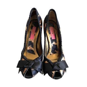 BETSY JOHNSON Y2K Leopard Print Satin Peep Toe High Heels Black Tan 8.5